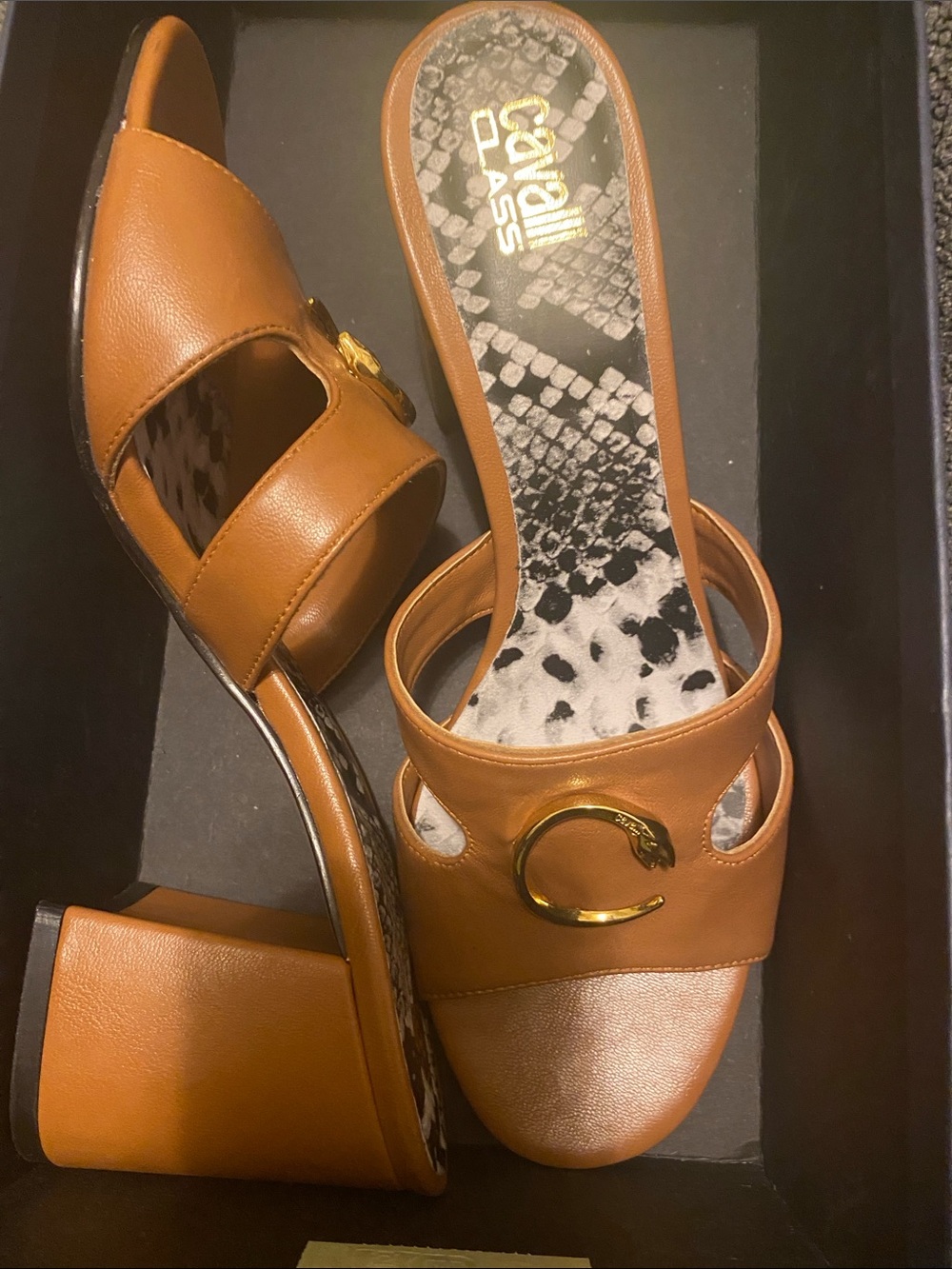 Cavalli Class Camel Open-Toe Block Heel Slides with Gold Snake Accent